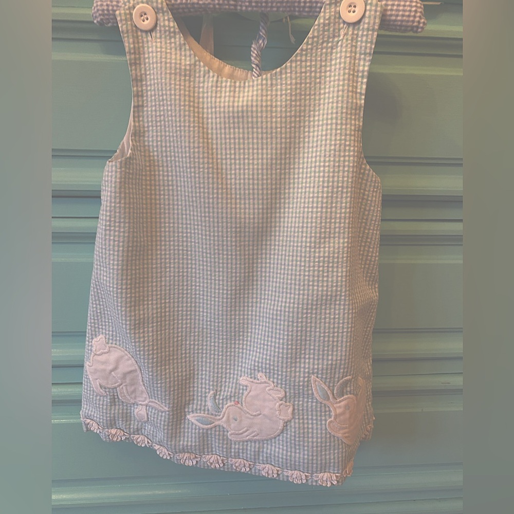 Girls Easter Dress. Blue and white with bunnies